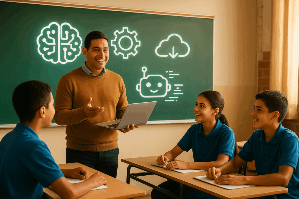 Docente colombiano aplicando herramientas de Inteligencia Artificial en el aula con sus estudiantes, en el marco del curso del IDEP sobre IA generativa. Imagen generada con apoyo de ChatGPT.